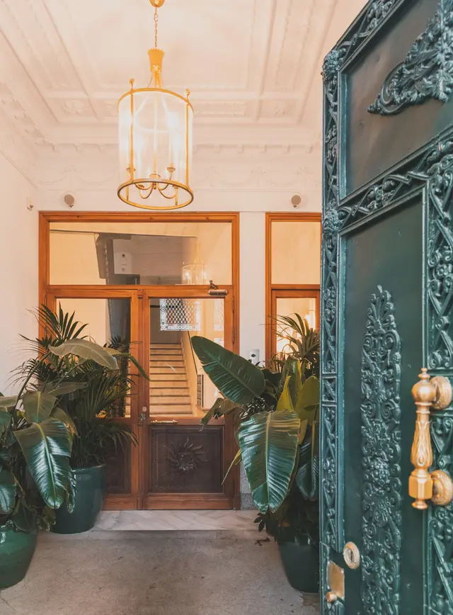 Portal del edificio con puertas verdes de forja, lámpara de techo y plantas