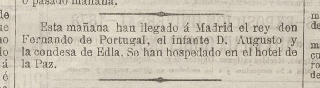 Press clipping from El Diario Español, June 9, 1878 — Ferdinand II of Portugal, Hotel de la Paz