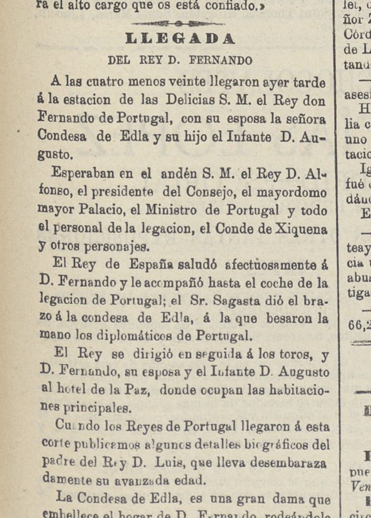 Press clipping from El Estandarte, June 18, 1883 — Ferdinand II of Portugal, Hotel de la Paz