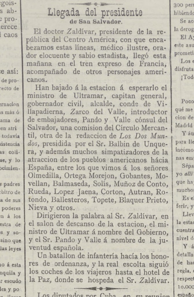 Press clipping from El Estandarte, June 18, 1884 — Rafael Zaldívar, President of El Salvador, Hotel de la Paz