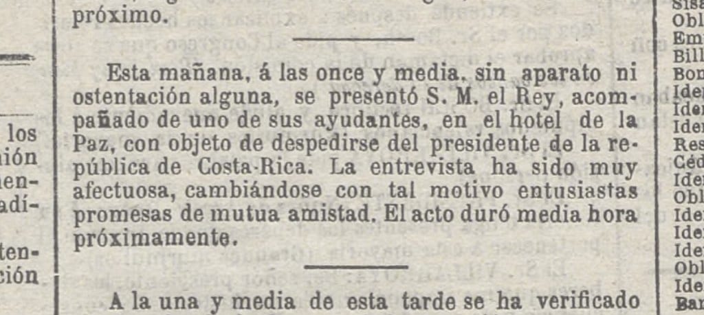 Recorte de imprensa de El Fénix, 4 de outubro de 1881 — Tomás Guardia, presidente da Costa Rica, Hotel de la Paz