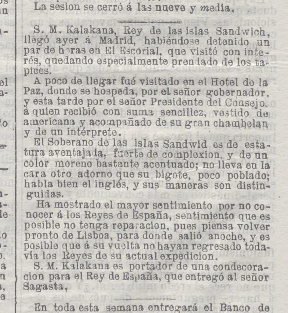Presseausschnitt aus El Mundo Político, 18. August 1881 — David Kalākaua, König von Hawaii, Hotel de la Paz