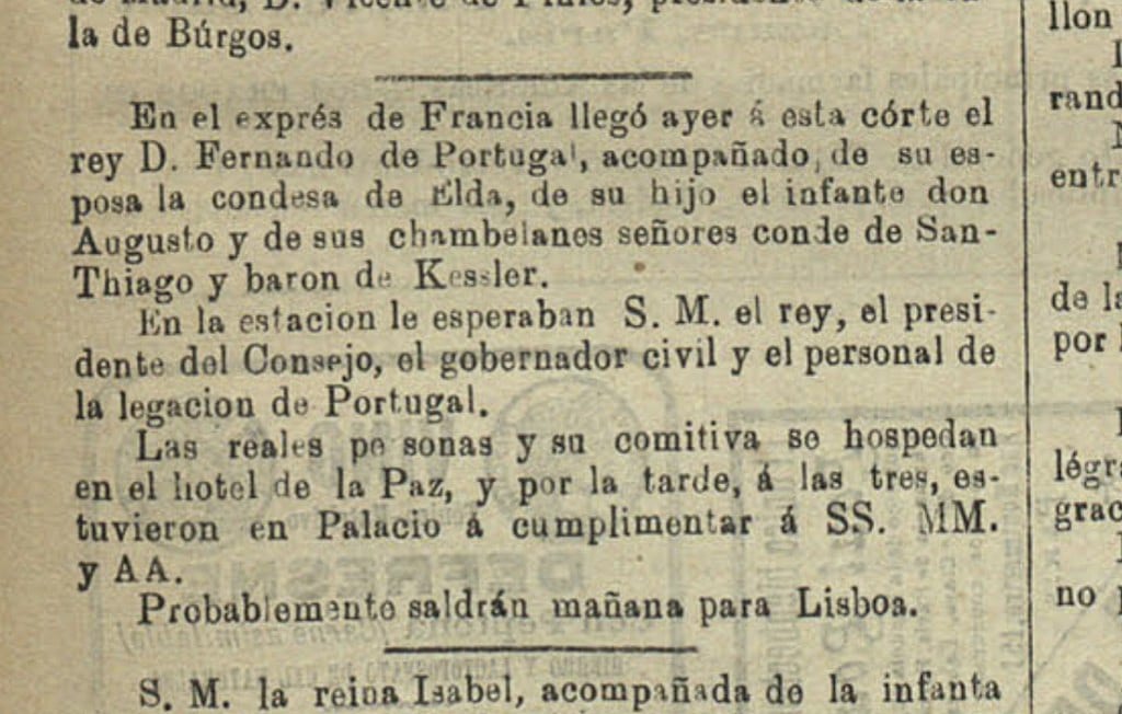 Press clipping from El Pabellón Nacional, October 10, 1883 — Ferdinand II of Portugal, Hotel de la Paz