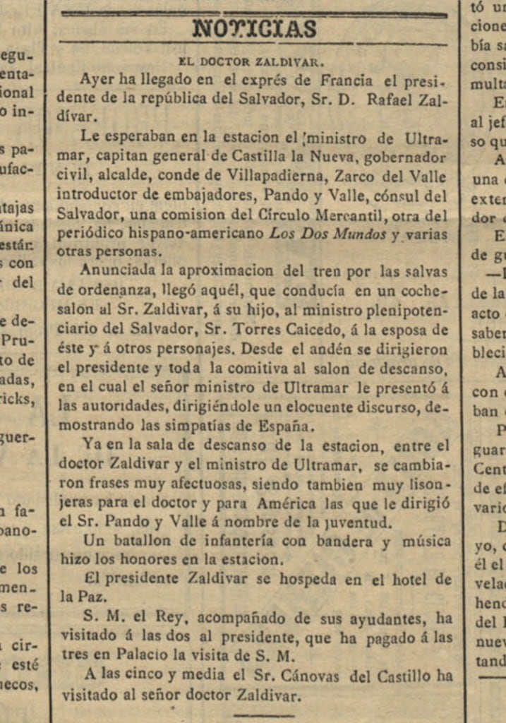 Press clipping from El Pabellón Nacional, June 19, 1884 — Rafael Zaldívar, President of El Salvador, Hotel de la Paz