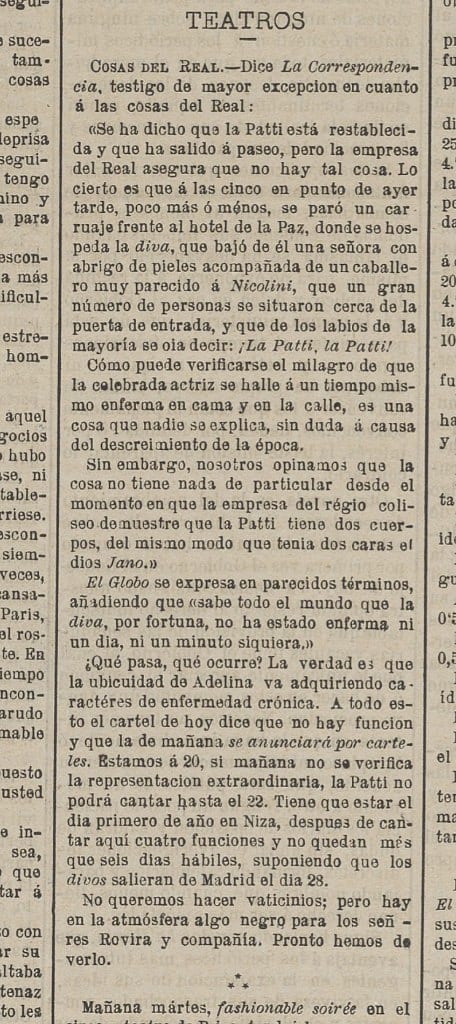 Ritaglio di stampa da El Tiempo, 20 dicembre 1880 — Adelina Patti, Hotel de la Paz