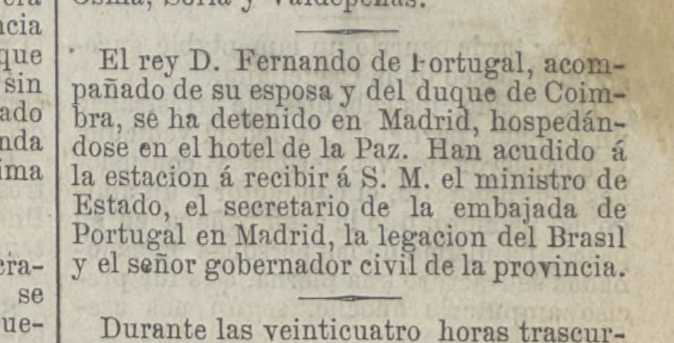 Press clipping from Gaceta Universal, September 11, 1878 — Ferdinand II of Portugal, Hotel de la Paz