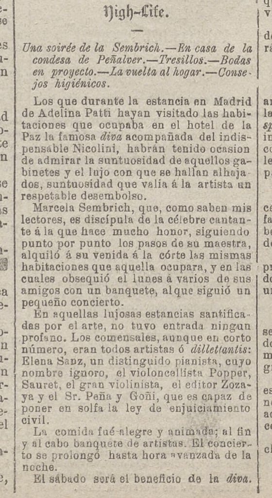 Press clipping from Gaceta Universal, November 23, 1882 — Marcella Sembrich, Hotel de la Paz