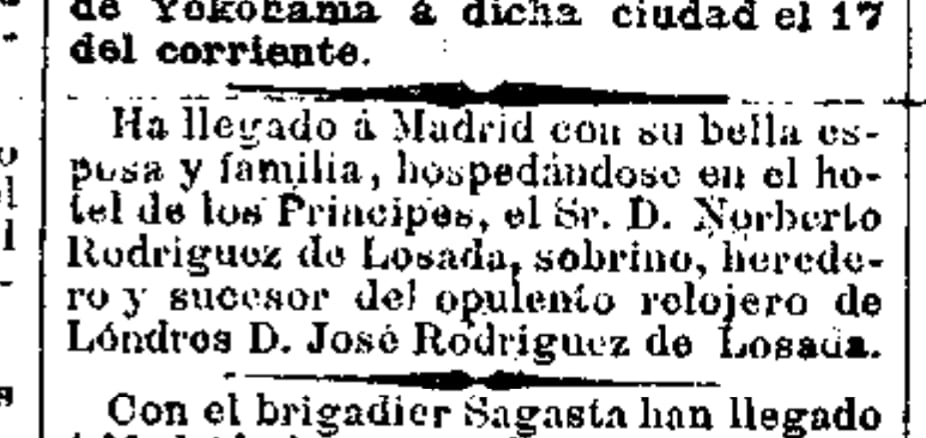 Ritaglio di stampa da La Correspondencia de España, 22 dicembre 1874 — José Rodríguez Losada, Hotel de la Paz
