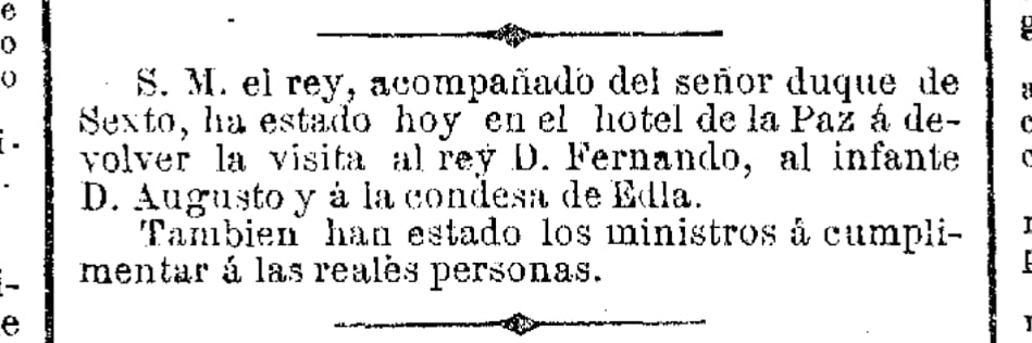 Press clipping from La Época, June 11, 1878 — Ferdinand II of Portugal, Hotel de la Paz