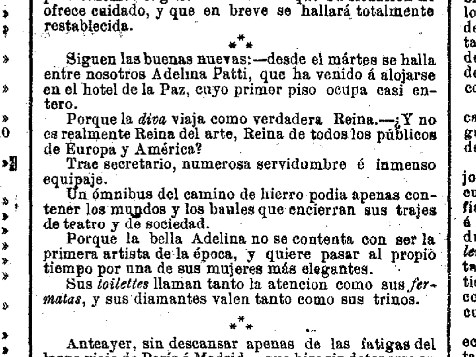 Ritaglio di stampa da La Época, 9 dicembre 1880 — Adelina Patti, Hotel de la Paz