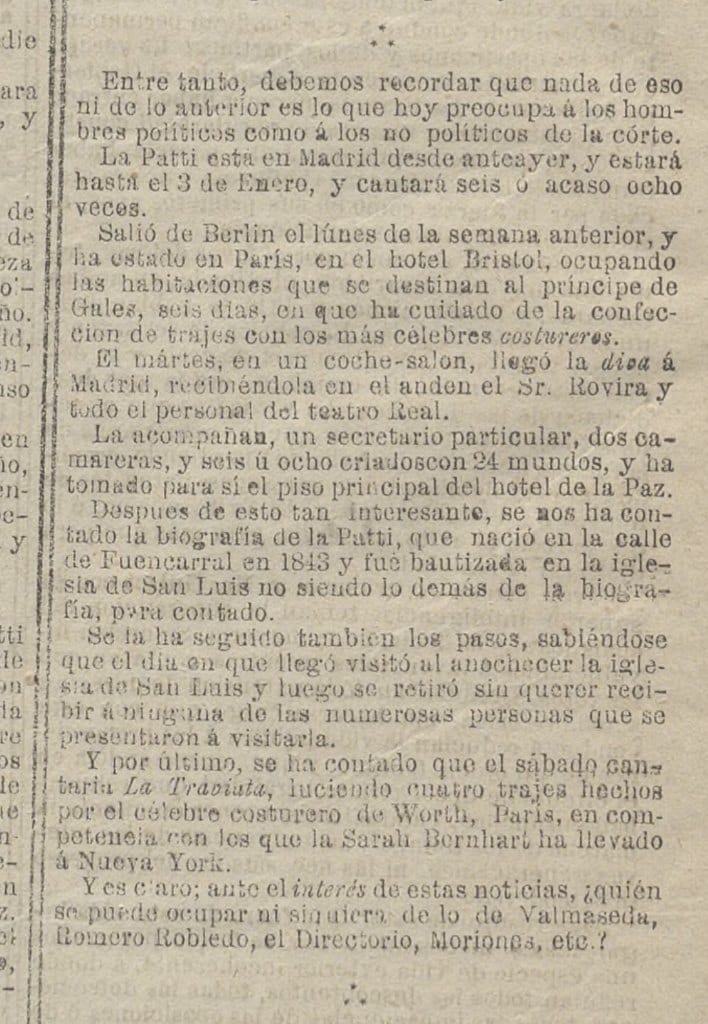 Ritaglio di stampa da La Fe, 9 dicembre 1880 — Adelina Patti, Hotel de la Paz