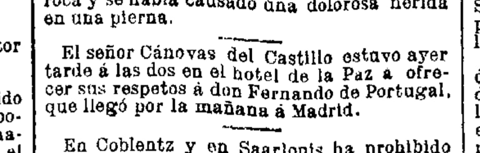 Press clipping from La Iberia, September 12, 1878 — Ferdinand II of Portugal, Hotel de la Paz