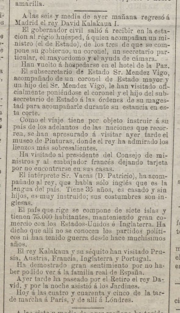 Presseausschnitt aus La Nación Española, 25. August 1881 — David Kalākaua, König von Hawaii, Hotel de la Paz