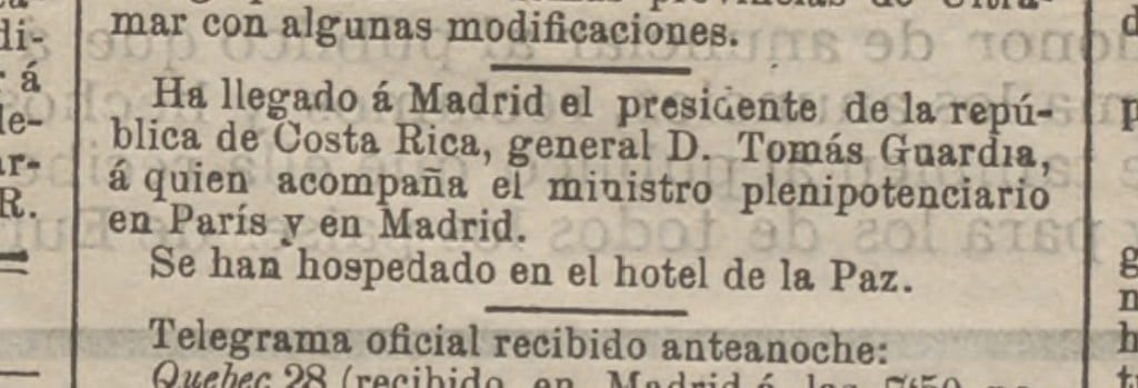 Recorte de imprensa de La Nación Española, 25 de setembro de 1881 — Tomás Guardia, presidente da Costa Rica, Hotel de la Paz