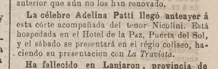 Ritaglio di stampa da La Política, 9 dicembre 1880 — Adelina Patti, Hotel de la Paz