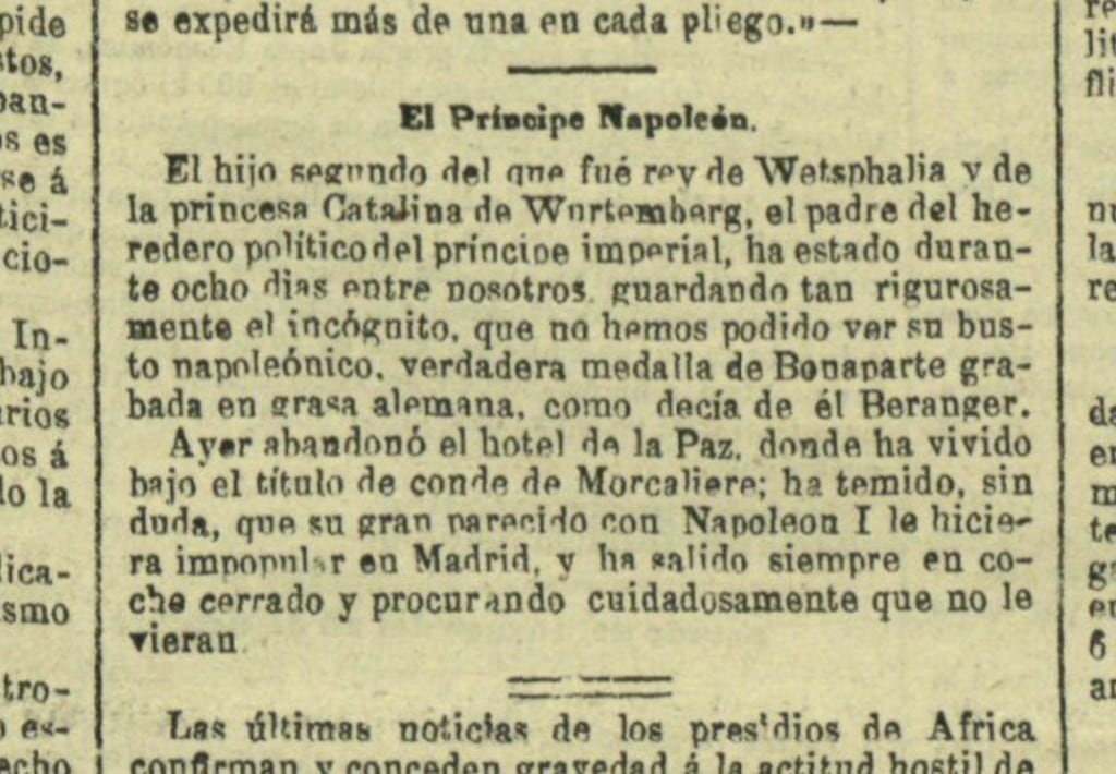 Recorte de prensa de La Unión, 11 de octubre de 1882 — El príncipe Napoleón Bonaparte, Hotel de la Paz